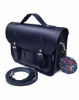 Floral Lined Leather Midi Satchel - Navy