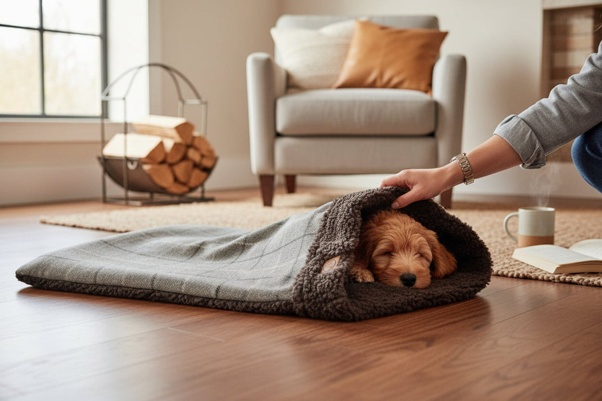 Luxury Dog Snuggle Sack | Handmade Sherpa Fleece Sleeping Bag | Customisable Pet Bed UK | Cosy Dog Sleep Bag