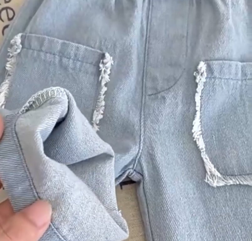 Lightweight Washed Denim Trousers with Frayed Pocket Detail