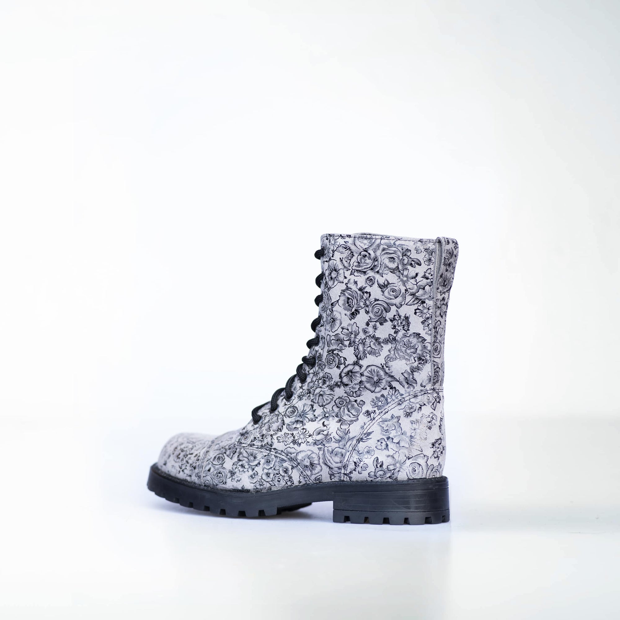 Gray Leather Boots with Floral Detail