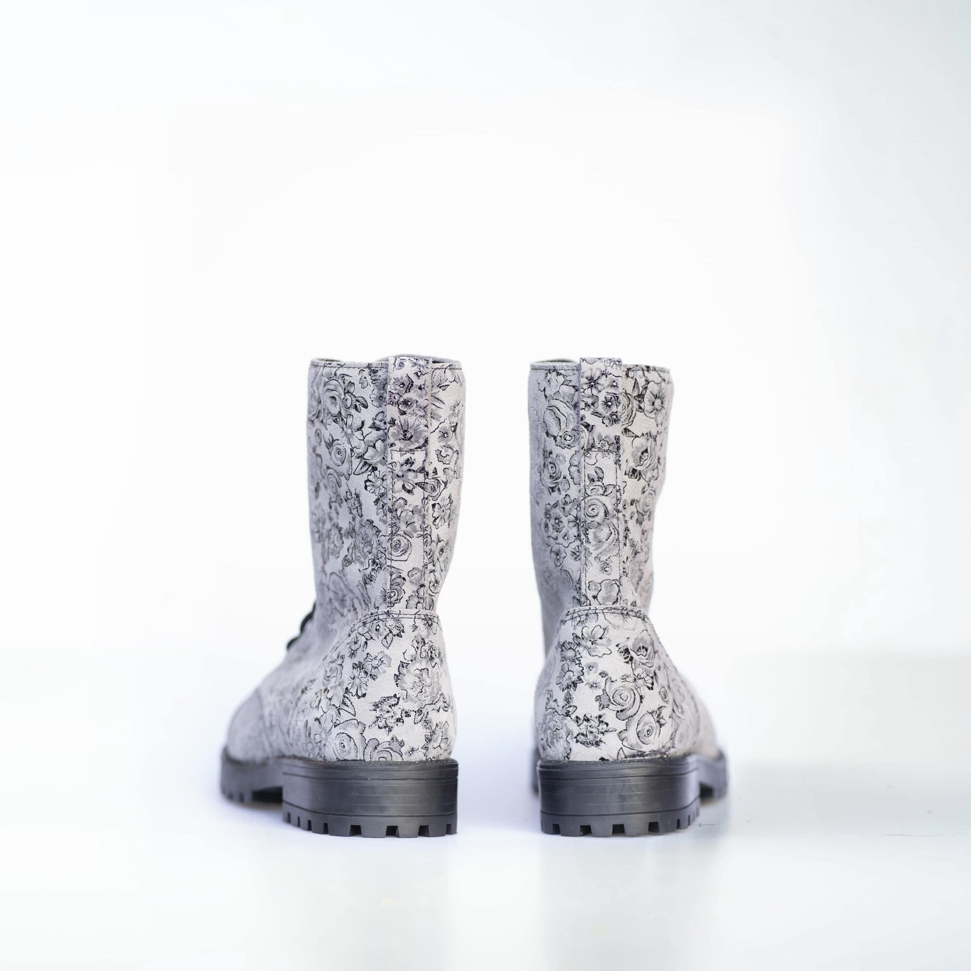 Gray Leather Boots with Floral Detail
