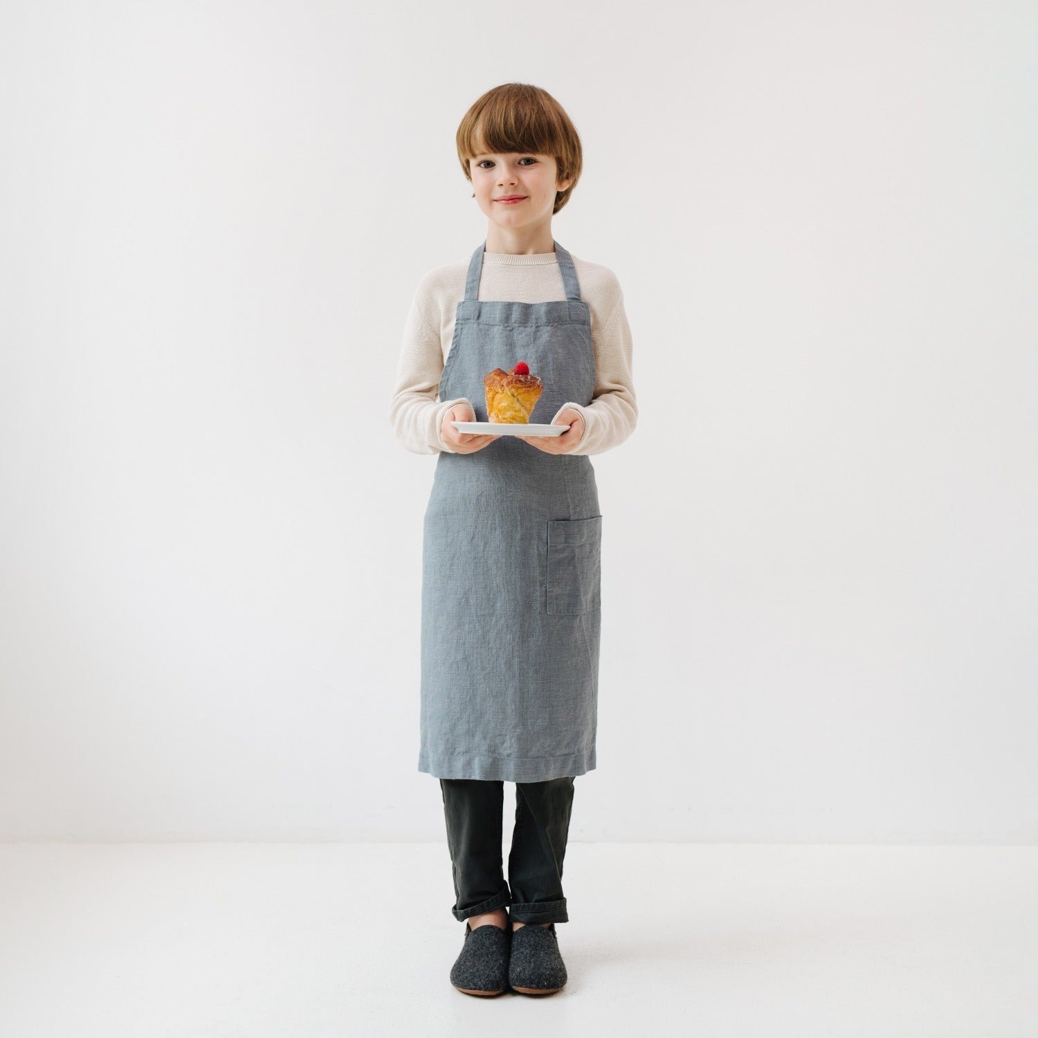 Soft Blue Fog Linen Apron for Young Cooks