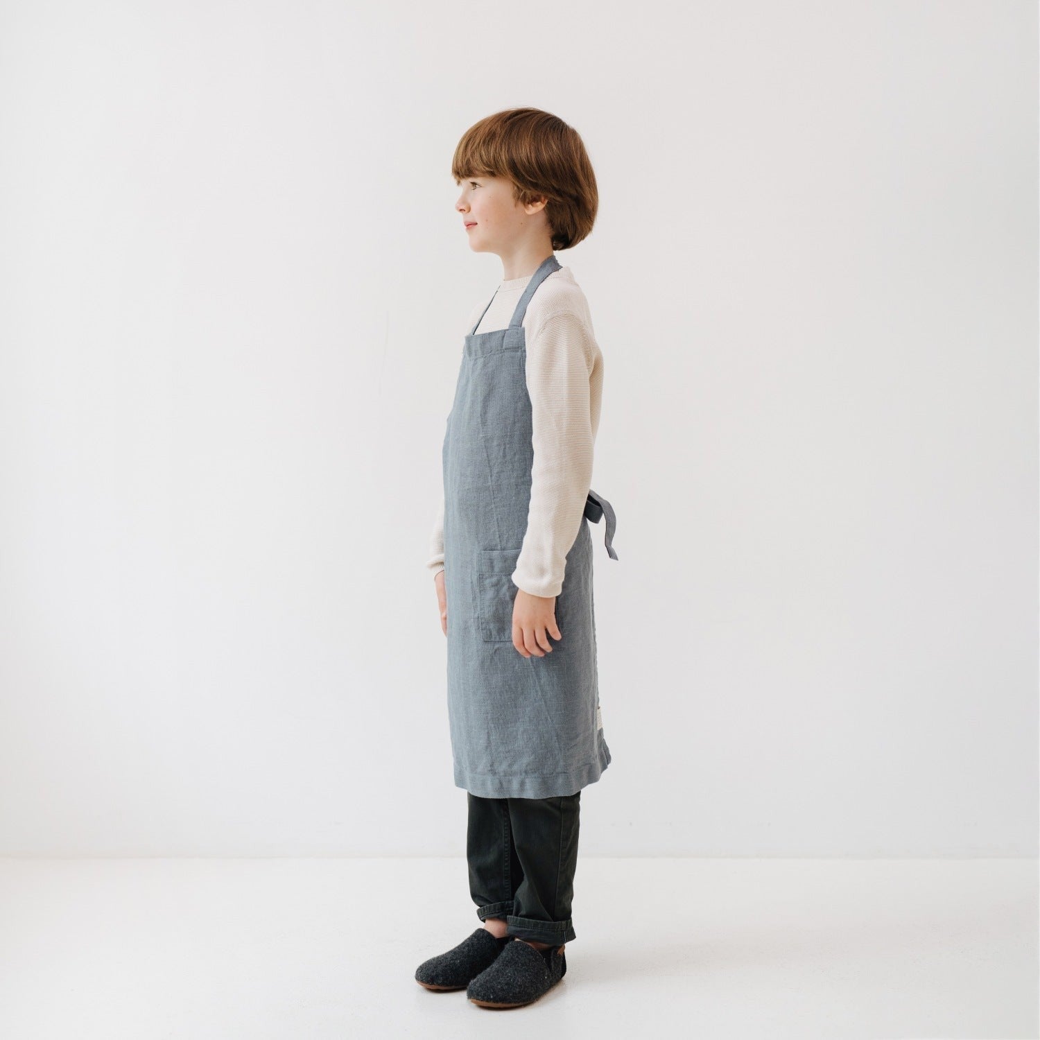Soft Blue Fog Linen Apron for Young Cooks