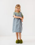 Kids Linen Pinafore Apron in Blue Fog