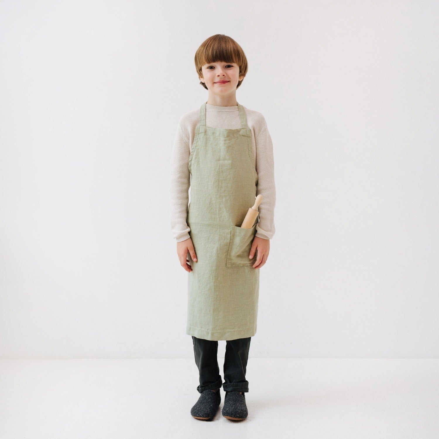 Kids Sage Green Linen Apron for Messy Moments