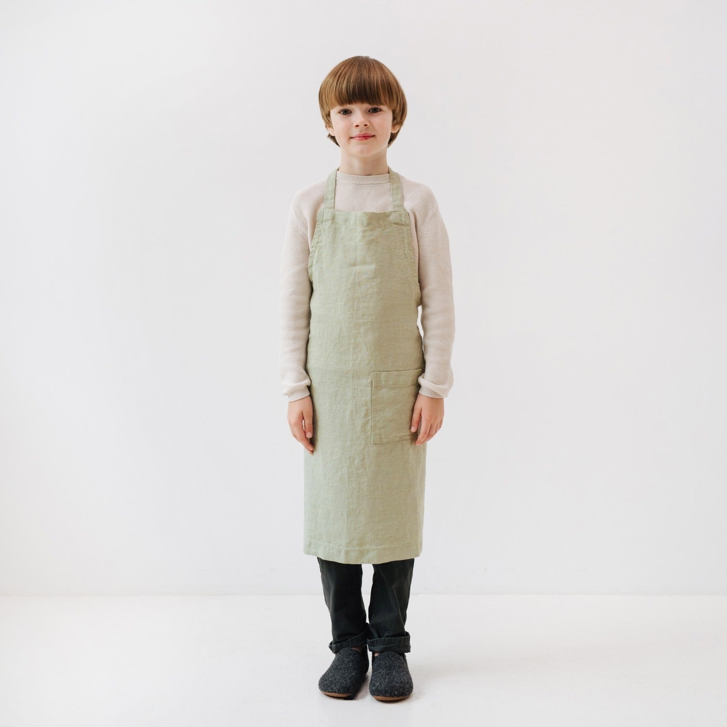 Kids Sage Green Linen Apron for Messy Moments