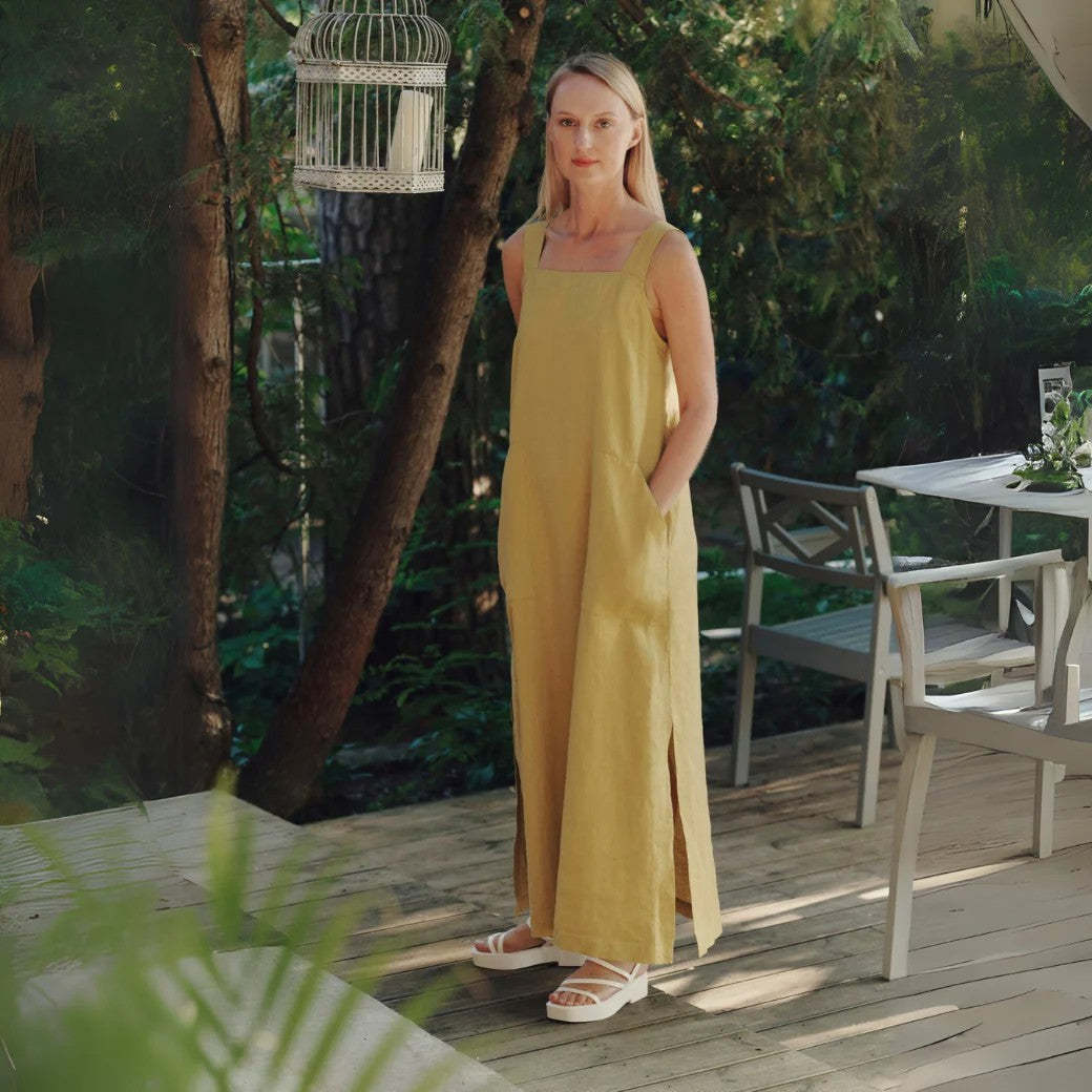 Linen Fugue Dress in Lemon Curry