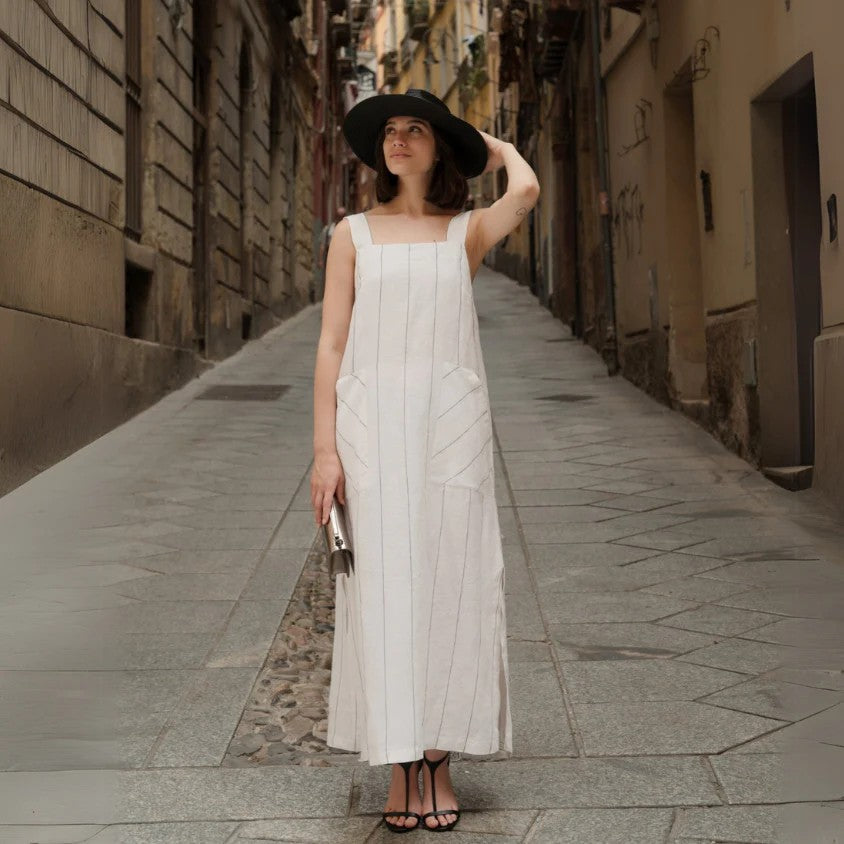 Linen Stripe Dress in Milk White and Grey