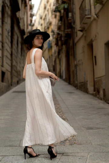Linen Fugue Dress - Milk White with Grey Stripe