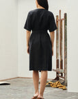 Black Linen Vine Wrap Dress