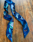 Navy 'Skinny' Silk scarf in the botanical  'Wonderous' Print, delicate, lightweight scarf accessory