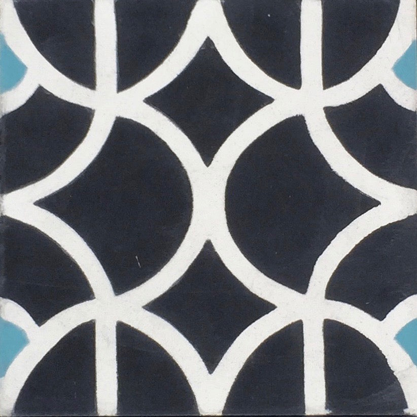 Luxury handcrafted black and white lotus cement tiles, premium Moroccan floor and wall tiles, stylish sky blue accents, authentic UK design by Maria Starling Design at brixbailey.com