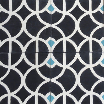 Luxury black and white cement floor tiles, handcrafted Moroccan lotus design, premium sky blue accents, stylish contemporary bathroom kitchen tiles by Maria Starling Design at brixbailey.com