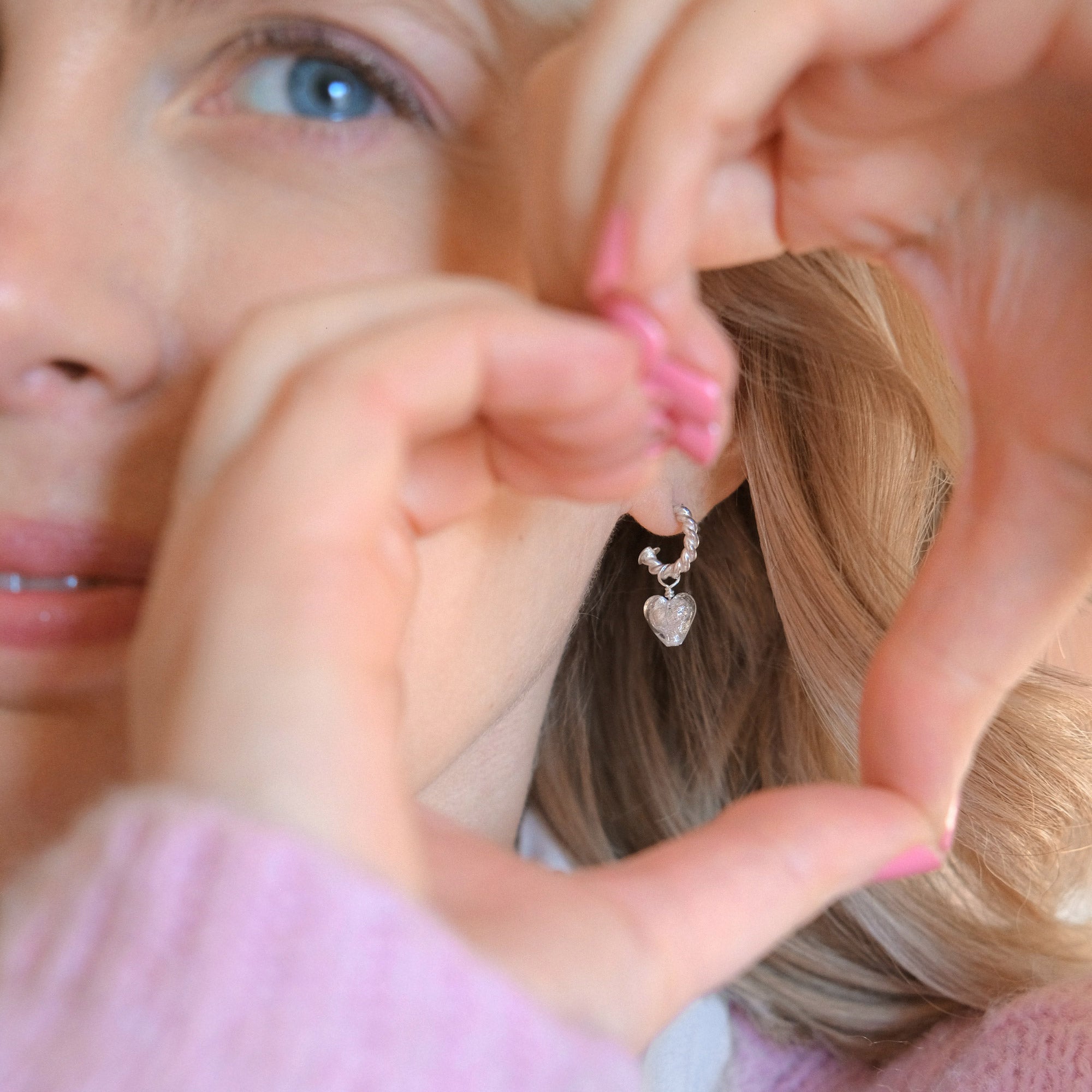 Luxury heart charm hoops, Love Mi Amore teal and sterling silver, interchangeable vintage-style earrings, best-selling trendy jewelry by Lezzeri at brixbailey.com