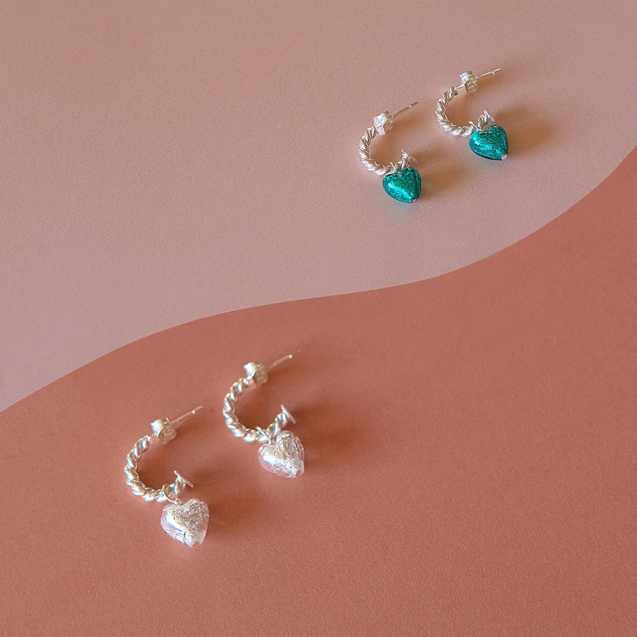 Luxury heart charm hoops, Love Mi Amore teal and sterling silver, interchangeable vintage-style earrings by Lezzeri at brixbailey.com