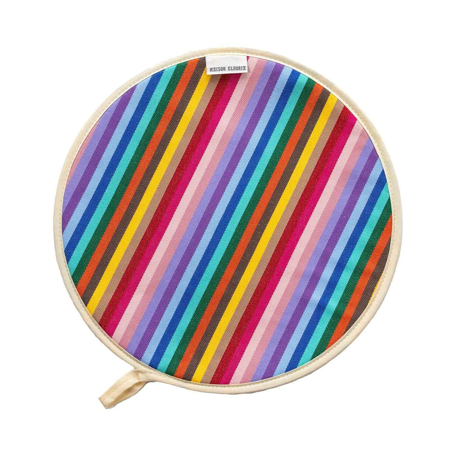Luxury rainbow chef pad for Aga range cooker, premium heat-resistant hob cover, handmade UK recycled cotton, stylish and functional by Maison Elhoria at brixbailey.com