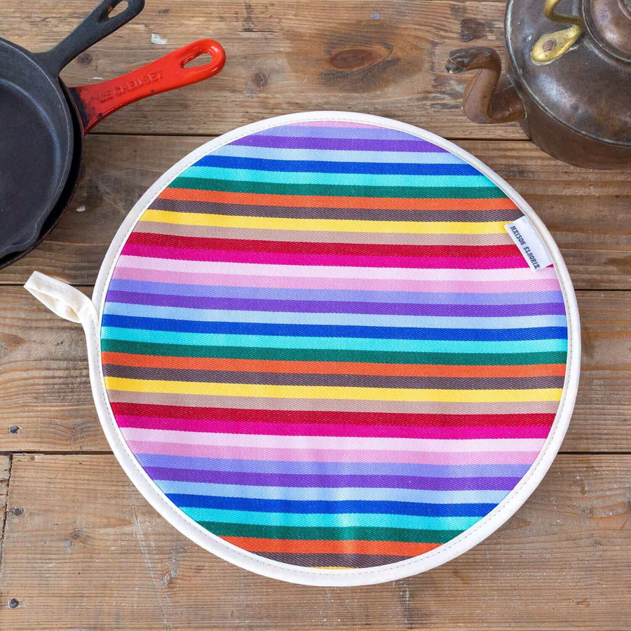 Luxury rainbow chef pad for Aga range cooker, premium heat-retaining hob cover, handcrafted UK recycled cotton, stylish Italian toweling by Maison Elhoria at brixbailey.com