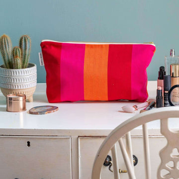 Premium Red Orange Pink Large Toiletry Bag, British-Woven Organic Cotton with Waterproof Lining, Durable Zip Closure, 14 Inch Travel Cosmetic Case by Maison Elhoria at brixbailey.com