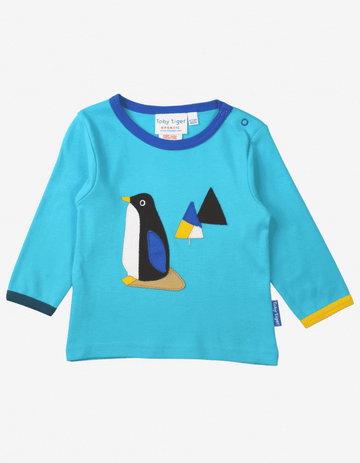 Adorable Light Blue Long-Sleeve Penguin Kids Shirt with Snap Buttons, GOTS Organic Cotton, Eco-Friendly Dyes by Toby Tiger at brixbailey.com