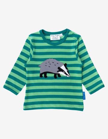 Organic Green Striped Long Sleeve Kids T-Shirt with Snap Button for Easy Dressing - Soft and Cozy Eco-Friendly Cotton by Toby Tiger at brixbailey.com