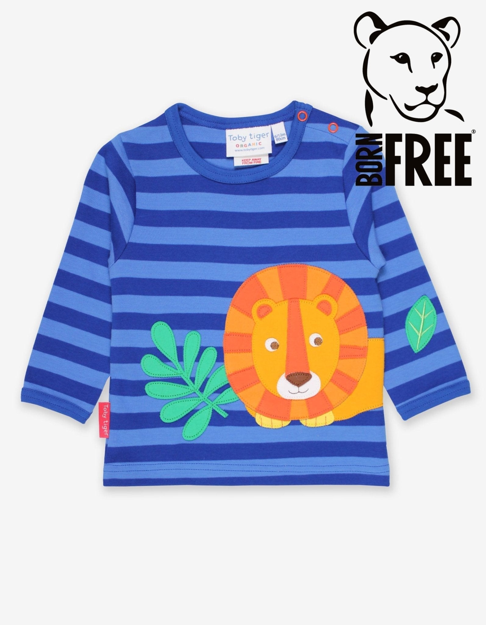 Luxury Organic Cotton Long Sleeve Baby Shirt with Lion Applique and Snap Buttons in Blue and Orange Stripes by Toby Tiger at brixbailey.com