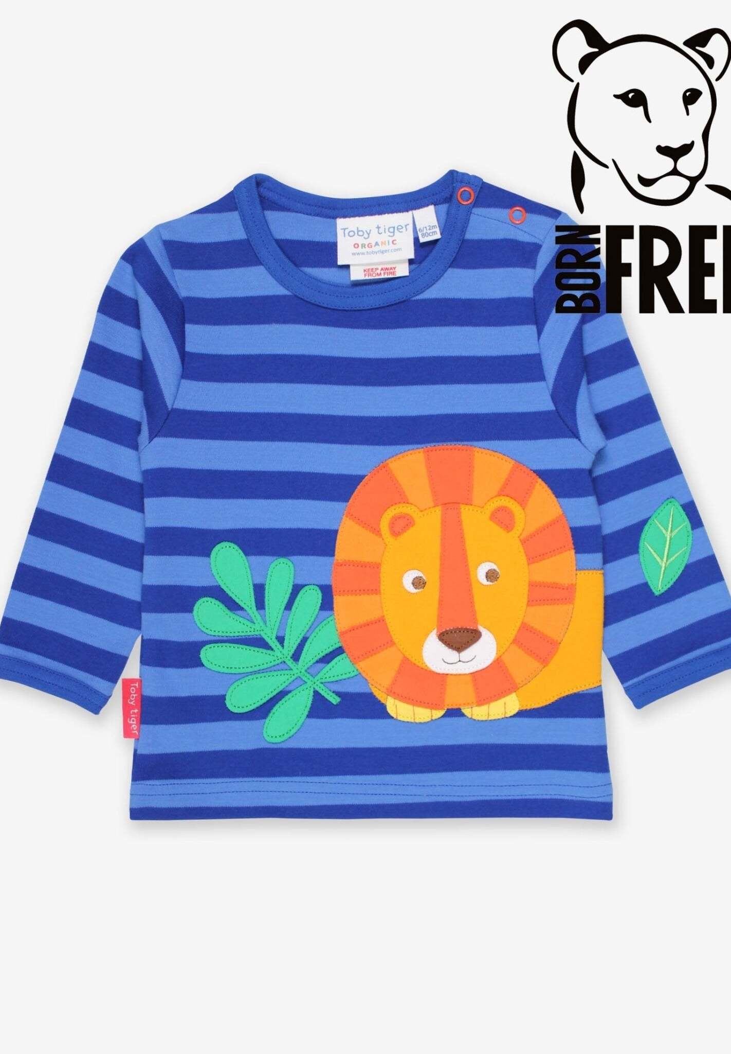 Luxury Long Sleeve Baby Shirt with Lion Applique and Snap Buttons in Blue Stripes and Orange Accents by Toby Tiger at brixbailey.com