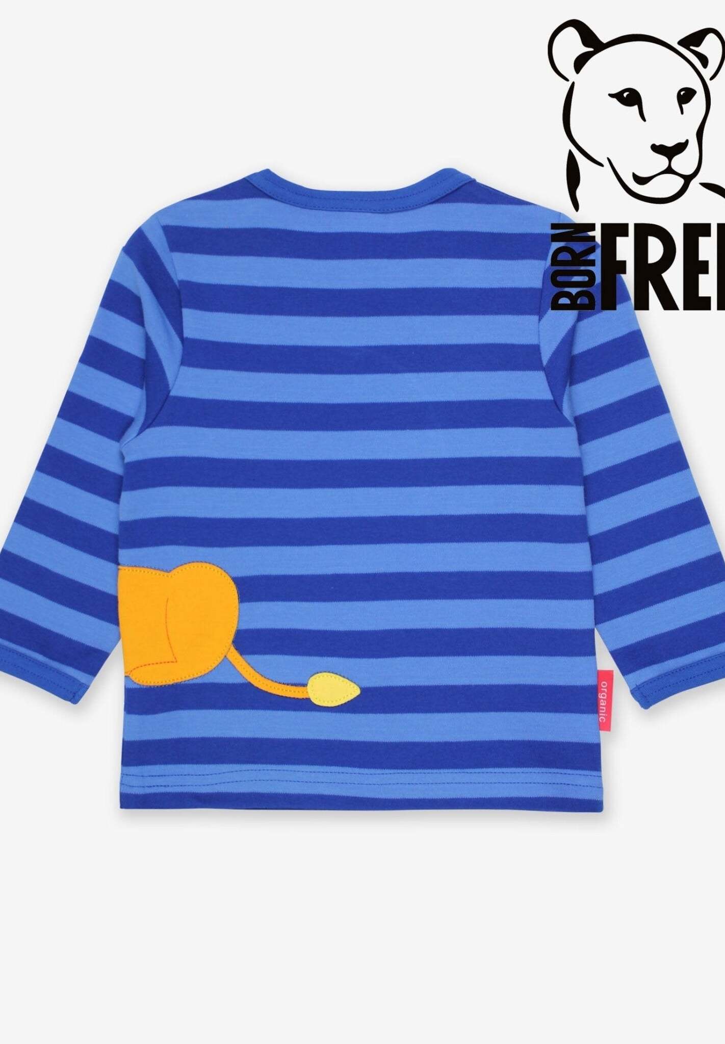 Luxury Long Sleeve Baby Shirt with Lion Applique in Blue and Orange, GOTS Certified Organic Cotton, Snap Button Closure by Toby Tiger at brixbailey.com