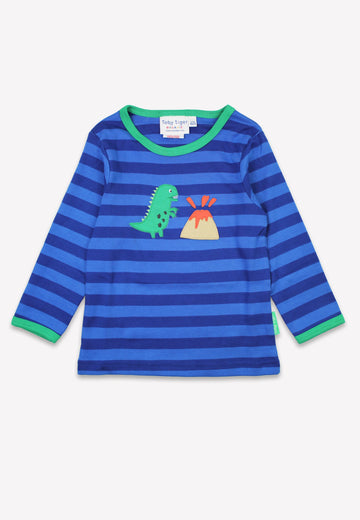 Stylish Blue Long Sleeve Kids Shirt with Dinosaur and Volcano Applique, Soft Organic Cotton, GOTS Certified by Toby Tiger at brixbailey.com