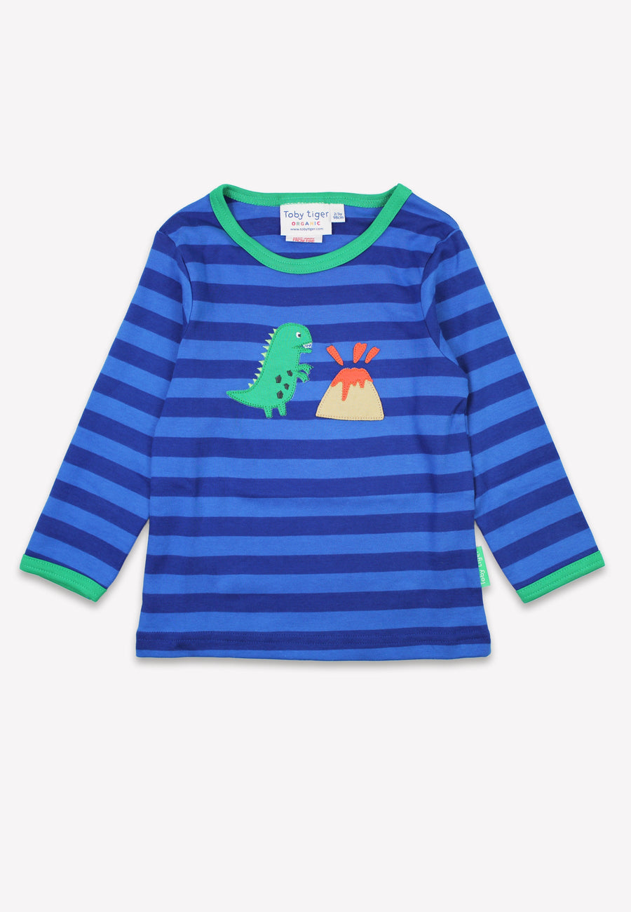 Stylish Blue Long Sleeve Kids Shirt with Dinosaur and Volcano Applique, Soft Organic Cotton, GOTS Certified by Toby Tiger at brixbailey.com