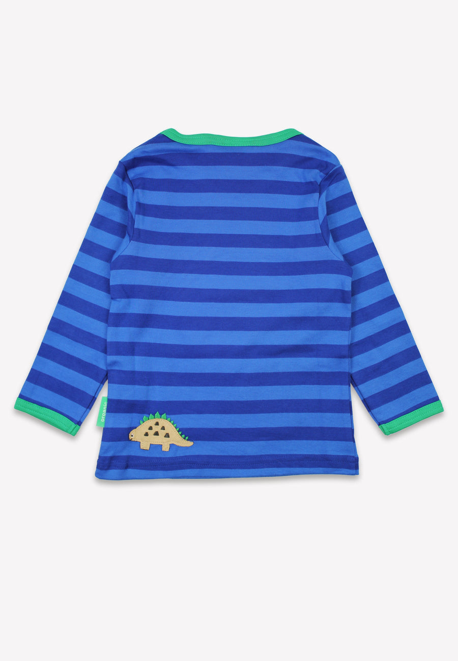 Stylish Blue Long Sleeve Kids Shirt with Dinosaur and Volcano Applique, Soft Organic Cotton for Sustainable Fun by Toby Tiger at brixbailey.com
