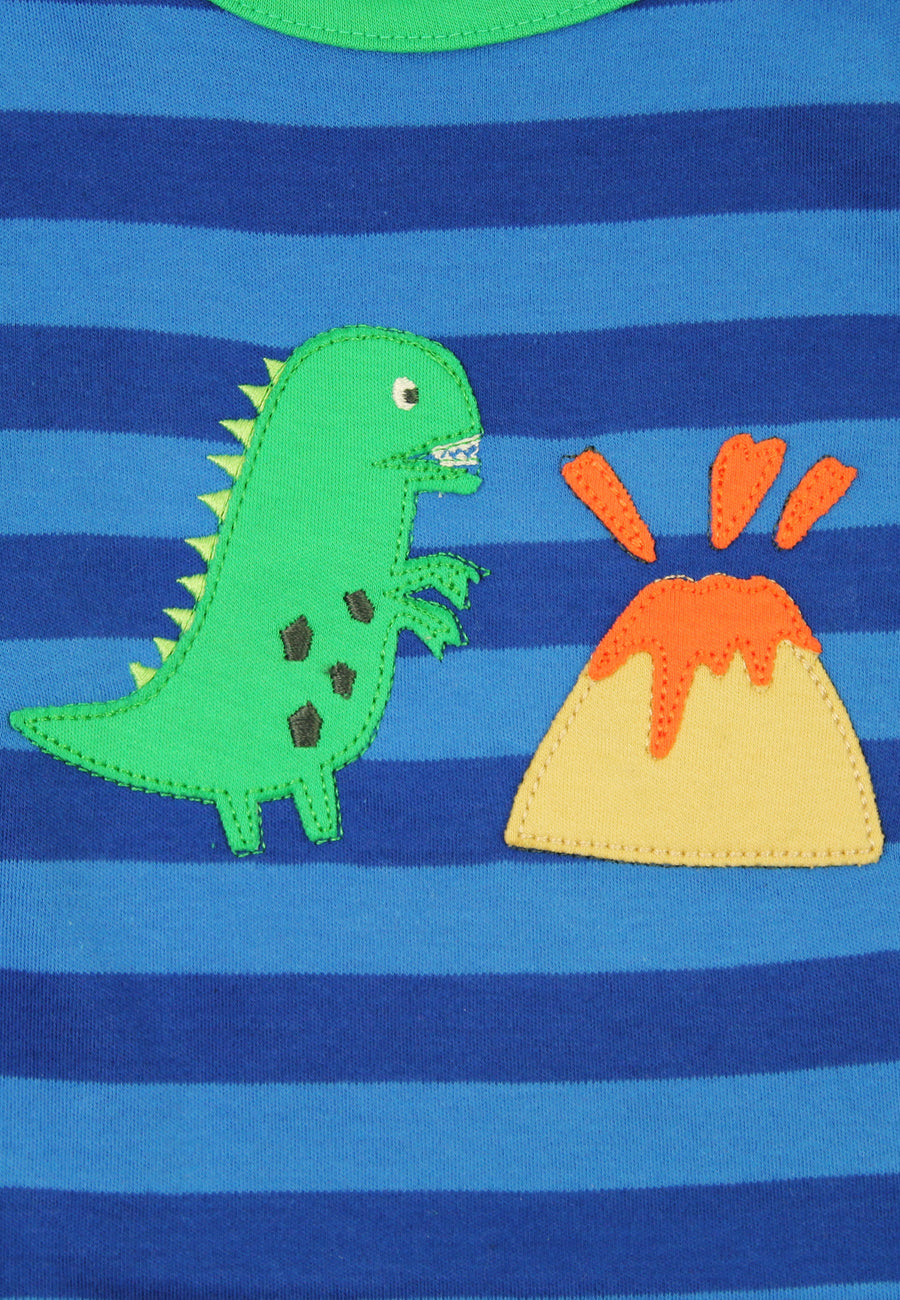 Stylish Blue Long Sleeve Kids Shirt with Dinosaur and Volcano Applique, Soft Organic Cotton, GOTS Certified, Eco-Friendly by Toby Tiger at brixbailey.com
