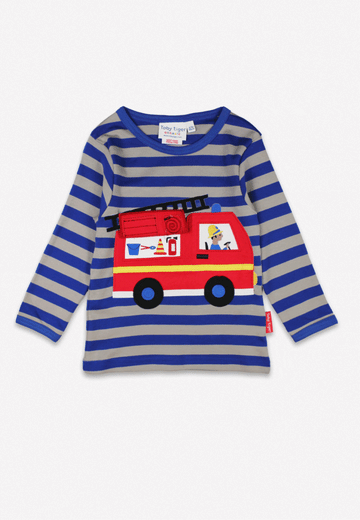 Premium blue-gray striped organic cotton kids long sleeve shirt with interactive red firefighter applique, best-selling sustainable childrens clothing by Toby Tiger at brixbailey.com