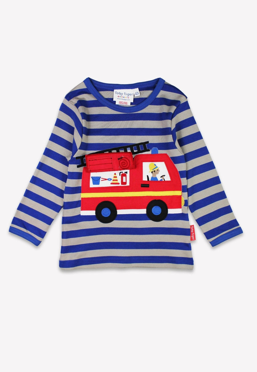 Premium blue-gray striped organic cotton kids long sleeve shirt with interactive red firefighter applique, best-selling sustainable childrens clothing by Toby Tiger at brixbailey.com
