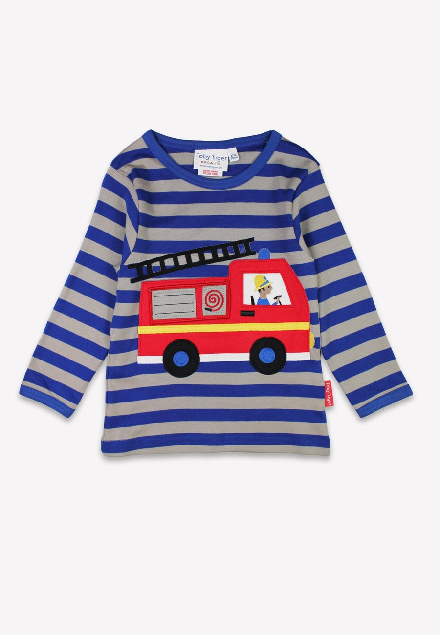 Premium blue-gray striped organic cotton kids long sleeve shirt with interactive firefighter applique, best-selling sustainable childrens clothing by Toby Tiger at brixbailey.com