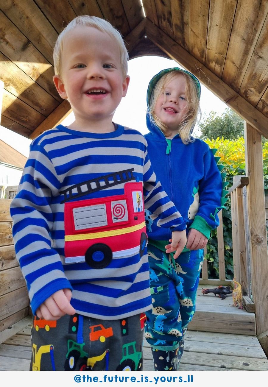 Premium blue-gray striped organic cotton kids long sleeve shirt with interactive red firefighter applique, best-selling sustainable childrens clothing by Toby Tiger at brixbailey.com