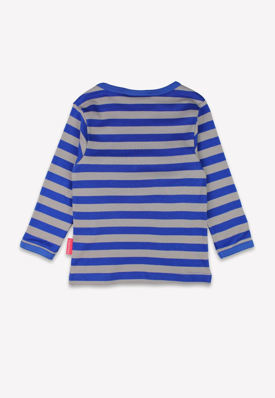 Premium blue-gray striped organic cotton kids long sleeve shirt with interactive red firefighter applique, best-selling sustainable childrens clothing by Toby Tiger at brixbailey.com