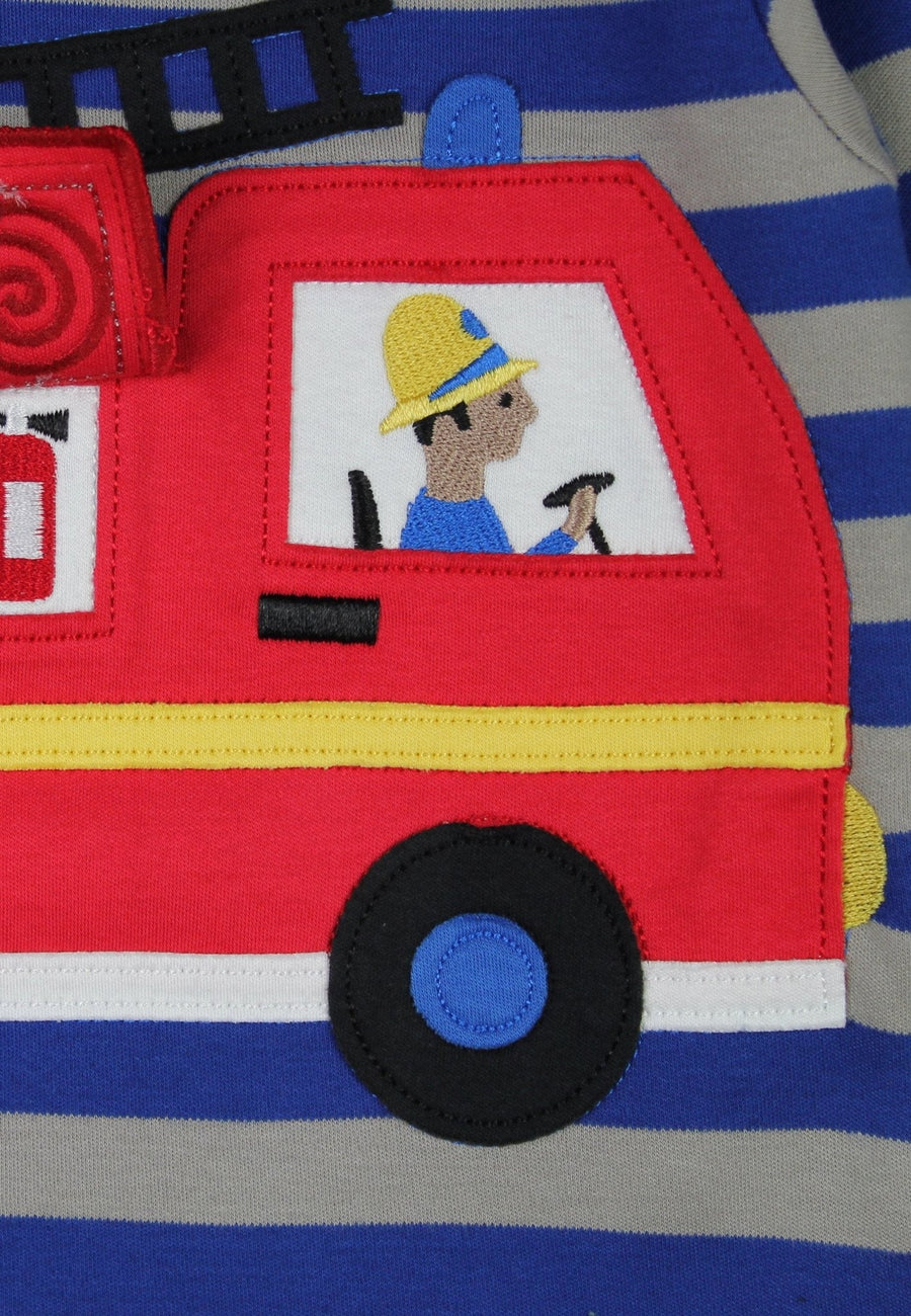 Premium blue-gray striped organic cotton kids long sleeve shirt with interactive red firefighter applique, best-selling sustainable childrens clothing by Toby Tiger at brixbailey.com