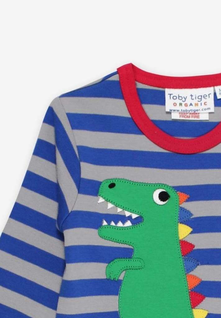 Premium organic cotton long sleeve shirt with T-Rex dinosaur applique, rainbow spikes, soft striped design, comfortable baby clothing by Toby Tiger at brixbailey.com
