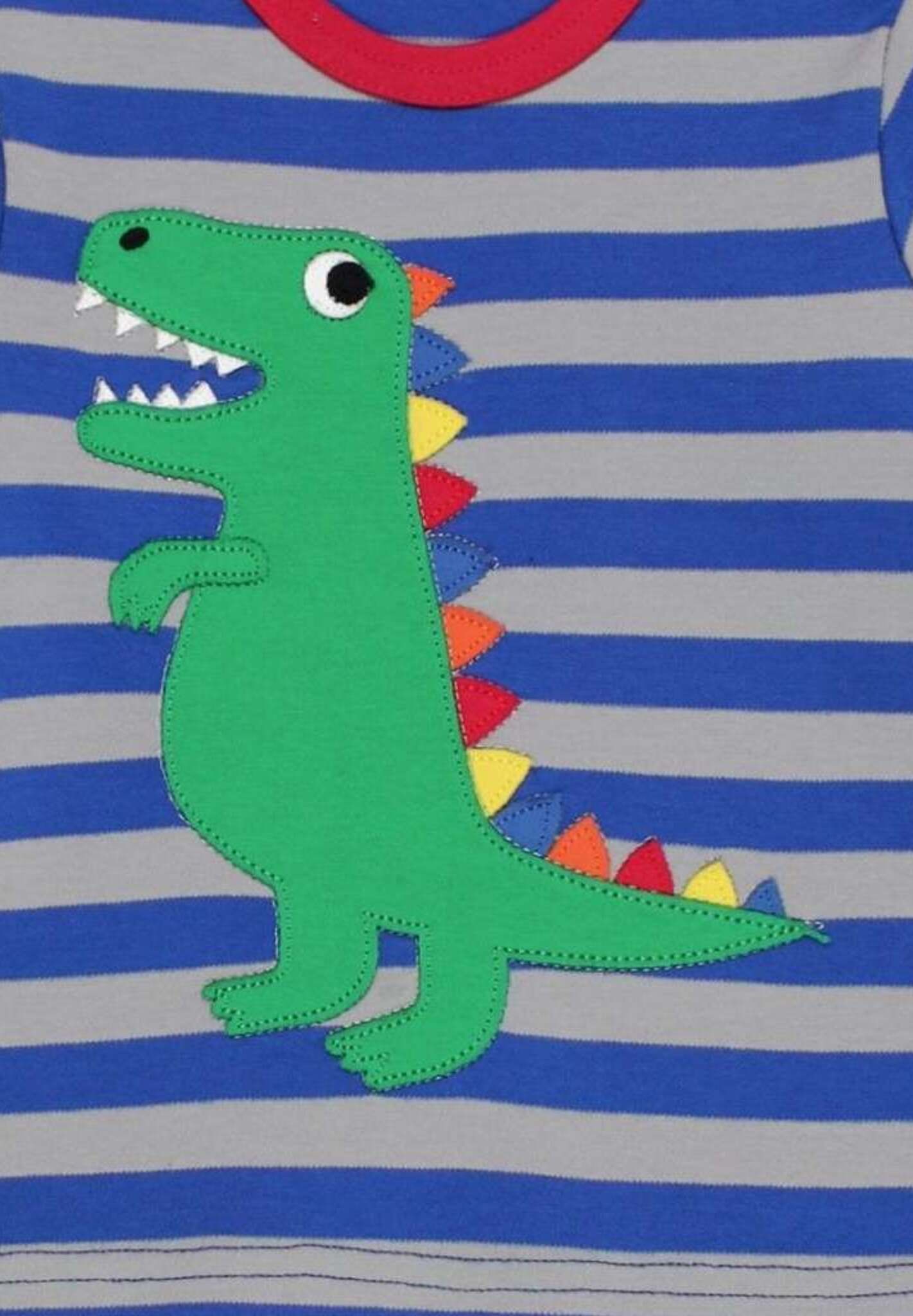 Premium organic cotton long sleeve shirt with T-Rex dinosaur applique, rainbow spikes, soft striped design, comfortable baby kids clothing by Toby Tiger at brixbailey.com