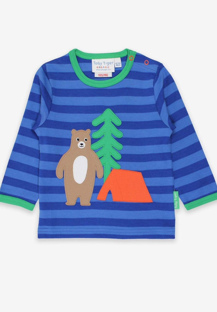 Friendly Camping Bear Striped Organic Cotton Long Sleeve Shirt for Kids, Soft and Cozy Seasonal Wear by Toby Tiger at brixbailey.com