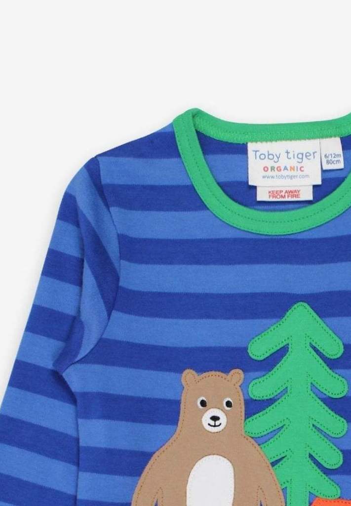 Premium Striped Organic Cotton Long Sleeve Shirt with Friendly Camping Bear Design for Kids by Toby Tiger at brixbailey.com