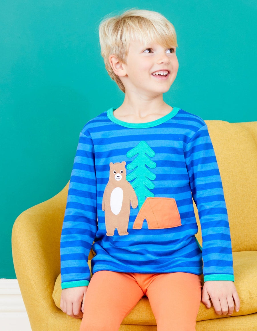 Premium Striped Organic Cotton Long Sleeve Shirt with Friendly Camping Bear Design for Kids by Toby Tiger at brixbailey.com