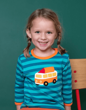 Premium organic cotton kids camper t-shirt with embroidered applique, striped design, and snap buttons for easy dressing by Toby Tiger at brixbailey.com