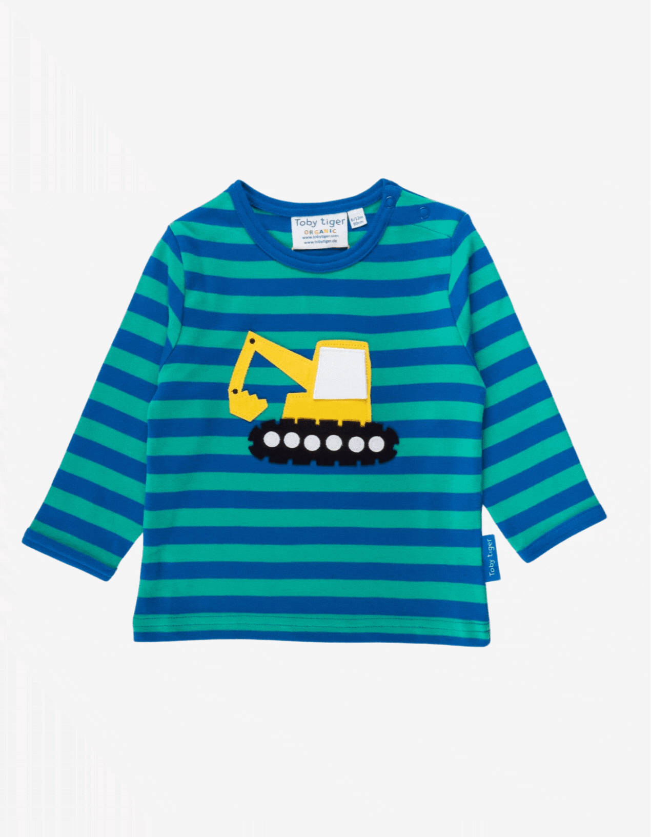 Organic Kids T-Shirt with Tractor Applique, Soft Striped Cotton, Snap Buttons for Easy Dressing, Eco-Friendly Baby Clothes by Toby Tiger at brixbailey.com