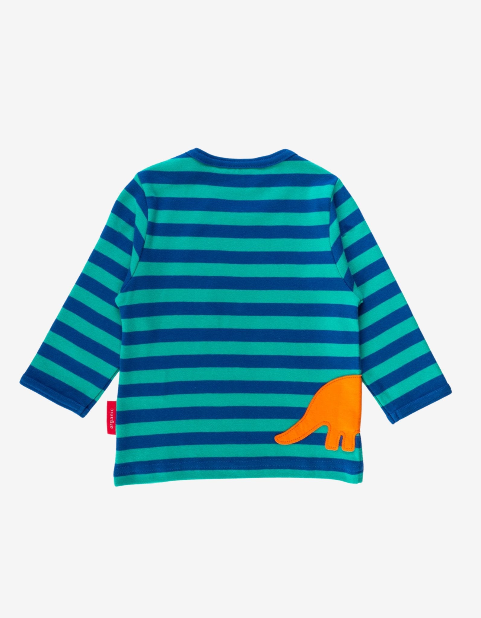 Friendly Dinosaur Striped Long Sleeve Organic Cotton T-Shirt with Premium Embroidered Applique and Snap Buttons by Toby Tiger at brixbailey.com
