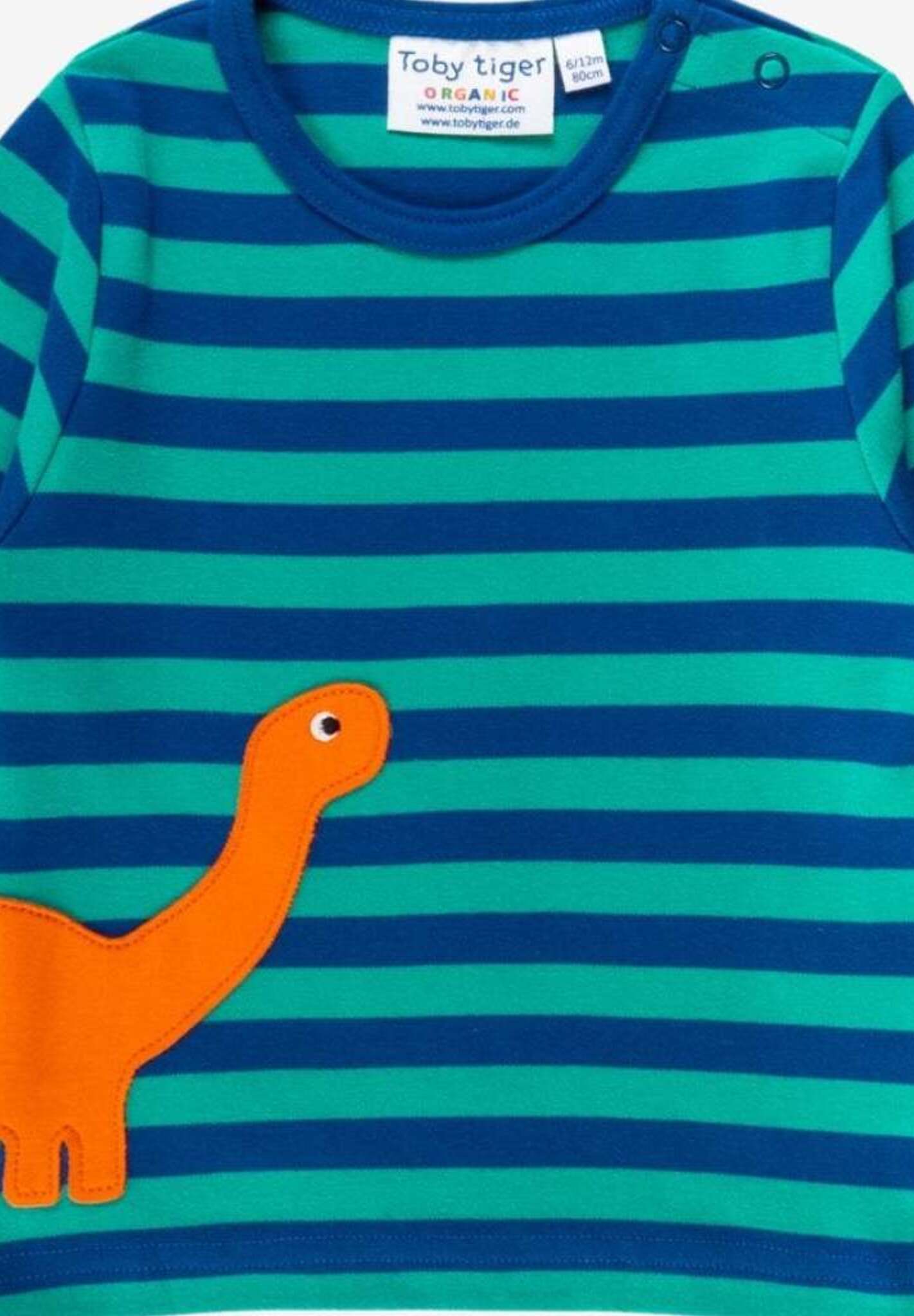 Friendly Dinosaur Striped Long Sleeve Organic Cotton T-Shirt with Embroidered Applique, Soft and Stylish for Kids by Toby Tiger at brixbailey.com