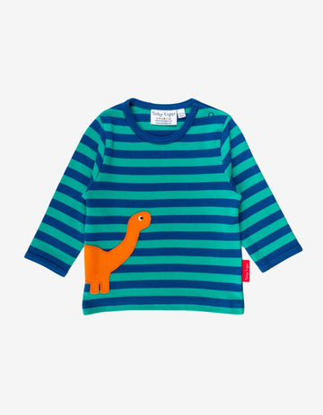 Friendly Dinosaur Striped Long Sleeve Organic Cotton T-Shirt with Embroidered Applique, Premium Soft Kids Top by Toby Tiger at brixbailey.com
