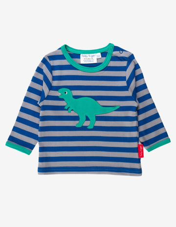Premium organic cotton long sleeve kids T-shirt with embroidered T-Rex applique, GOTS certified, snap neck for easy dressing, dinosaur collection by Toby Tiger at brixbailey.com