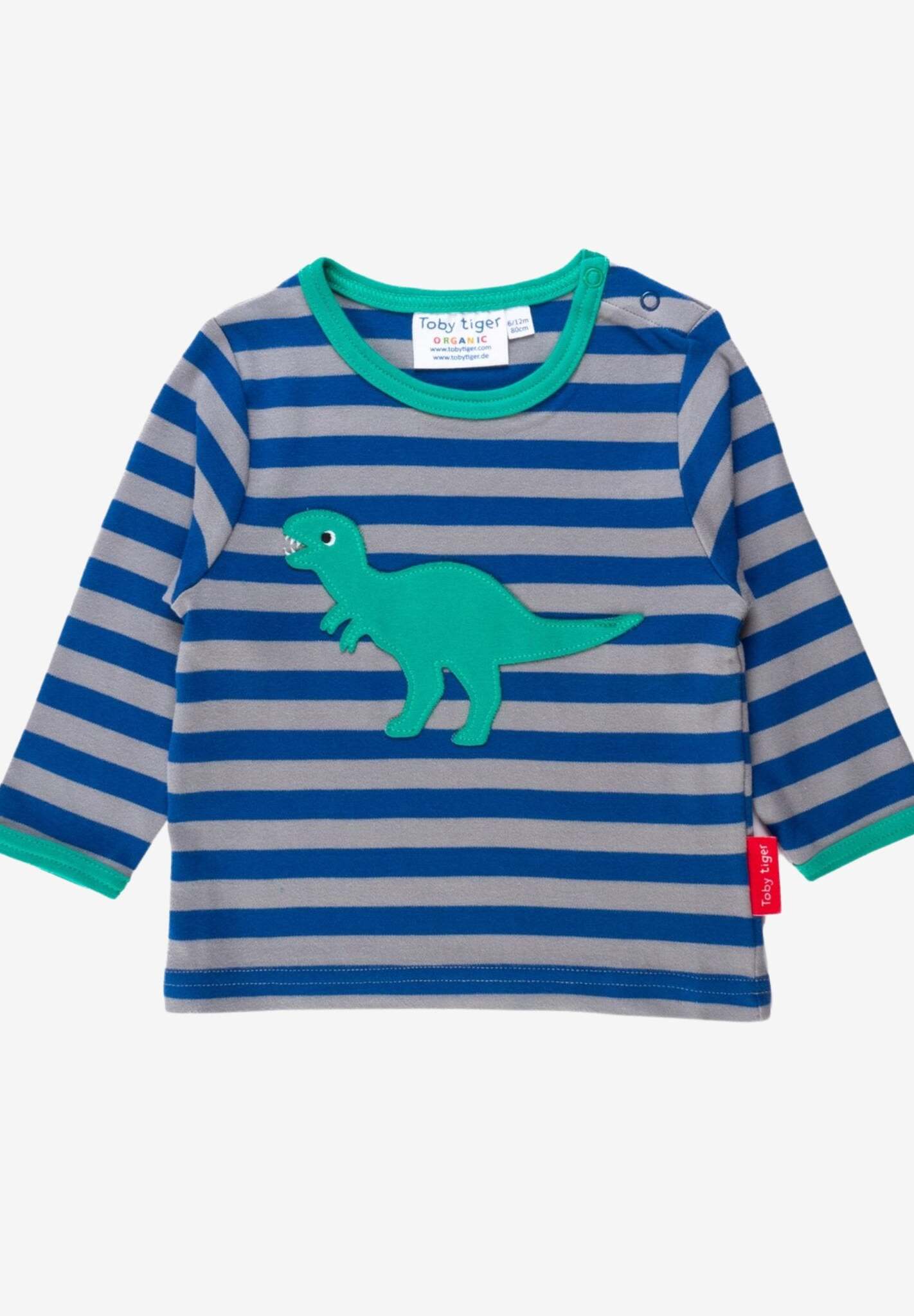 Premium organic cotton kids long sleeve T-shirt with embroidered T-Rex applique, stylish dinosaur design, soft GOTS certified fabric, snap neck for easy dressing by Toby Tiger at brixbailey.com