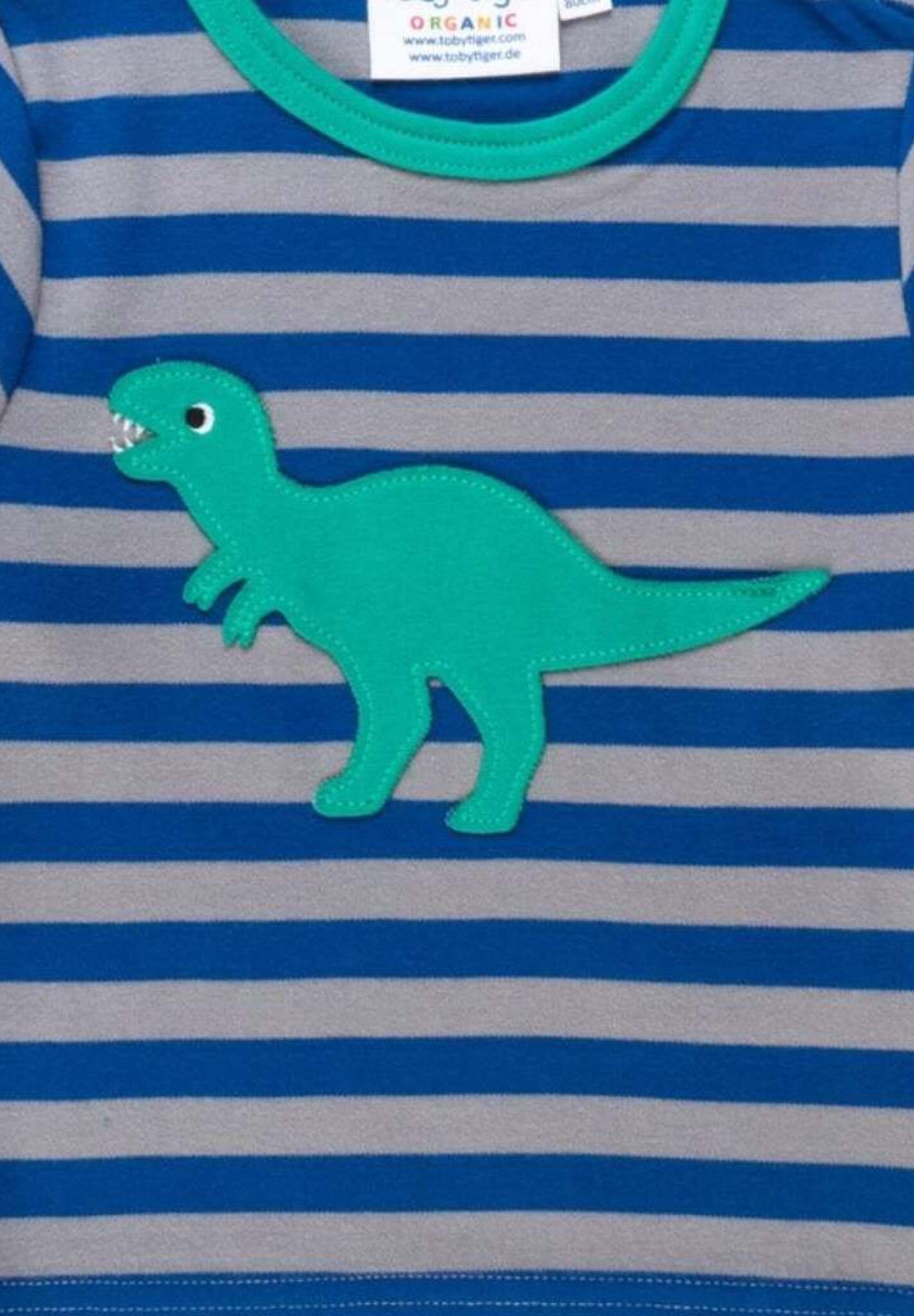 Luxury organic cotton long sleeve kids t-shirt with embroidered t-rex applique, stylish dinosaur collection, premium soft fabric by Toby Tiger at brixbailey.com